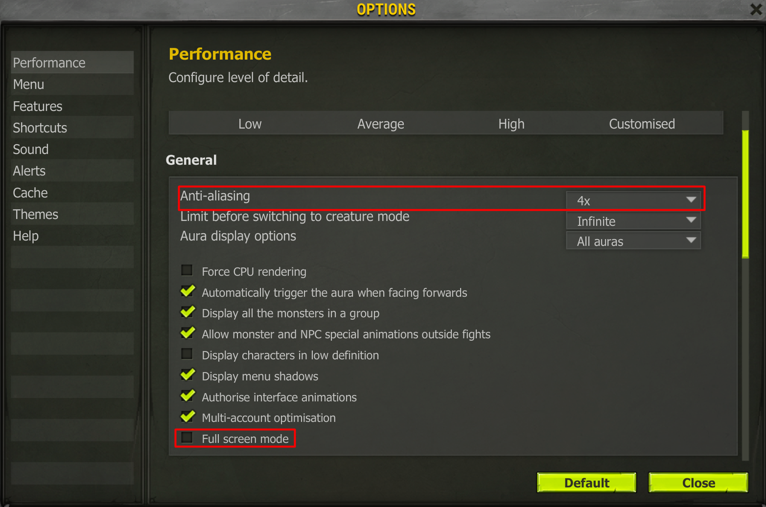 Assign the correct Performance settings in-game