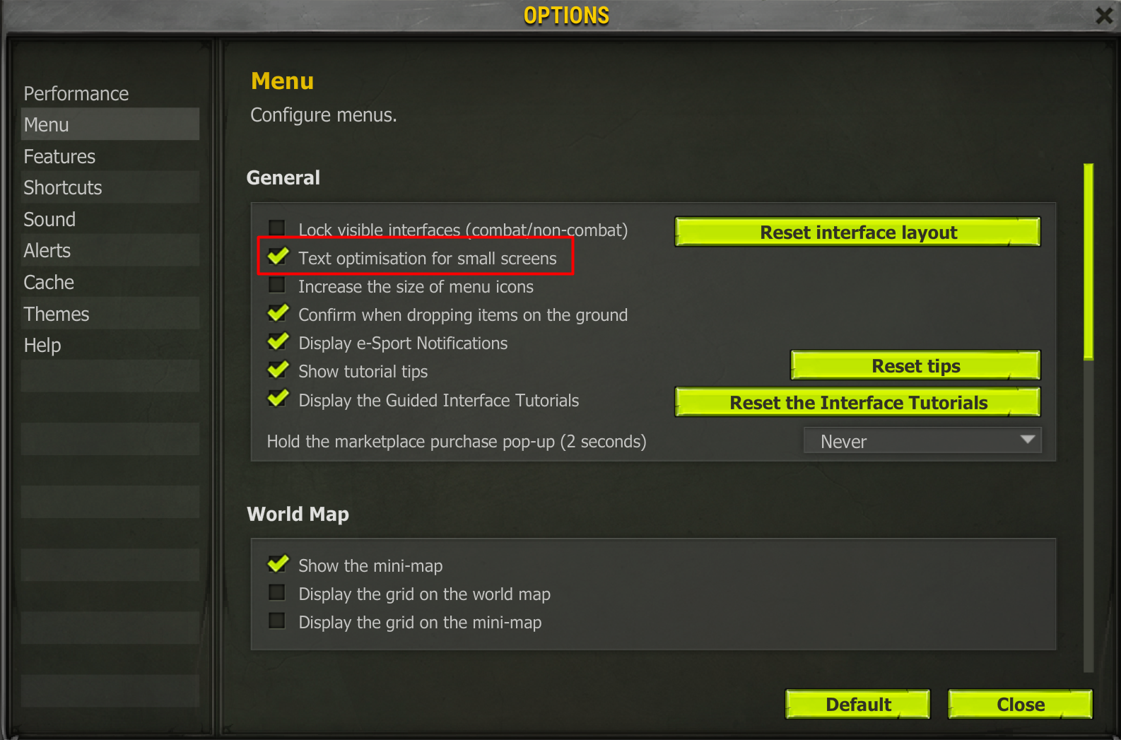 Assign the correct Menu settings in-game