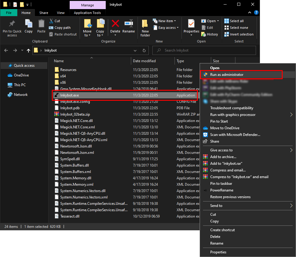 Run inkybot.exe as an administrator